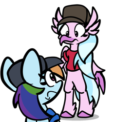 Size: 1320x1396 | Tagged: safe, artist:derp pone, rainbow dash, silverstream, hippogriff, pegasus, pony, g4, atg 2023, bipedal, clothes, criatures fortress 2, duo, newbie artist training grounds, rainbow scout, simple background, team fortress 2, white background
