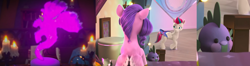 Size: 3372x890 | Tagged: safe, edit, edited screencap, screencap, pipp petals, spike, zipp storm, dragon, pegasus, pony, a little horse, g4, g5, missing the mark, my little pony: make your mark, my little pony: make your mark chapter 4, spoiler:g5, spoiler:my little pony: make your mark chapter 4, spoiler:mymc04e06, spoiler:mymc04e07, female, foreshadowing, mare, plushie, toy, zoomed in