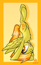 Size: 1192x1887 | Tagged: safe, artist:notadeliciouspotato, spitfire, pegasus, pony, g4, abstract background, atg 2023, cute, cutefire, female, handstand, looking at you, mare, newbie artist training grounds, one eye closed, signature, solo, spread wings, tongue out, upside down, wings, wink, winking at you