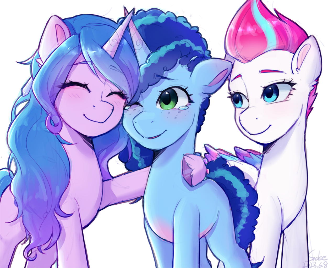 [cute,female,freckles,g5,hug,mare,pegasus,pony,safe,simple background,trio,unicorn,white background,wings,smiling,colored wings,trio female,teary eyes,looking at someone,izzy moonbow,zipp storm,misty brightdawn,artist:xiaowu07]