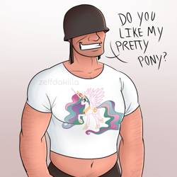 Size: 2000x2000 | Tagged: safe, artist:zeffdakilla, princess celestia, alicorn, human, pony, g4, clothes, crossover, gradient background, hat, helmet, high res, male, playing with fire, shirt, smiling, soldier, soldier (tf2), solo, talking, team fortress 2