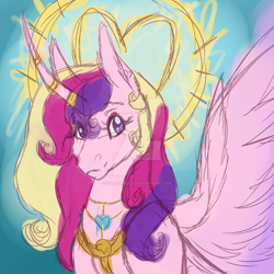 Size: 1920x1920 | Tagged: safe, artist:toge-kissed, princess cadance, alicorn, pony, g4, bust, colored sketch, deviantart watermark, female, halo, heart, horn, horn ring, looking at you, mare, obtrusive watermark, ring, sketch, smiling, smiling at you, solo, spread wings, watermark, wings