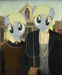 Size: 1200x1448 | Tagged: safe, edit, derpy hooves, g4, american gothic, female, fine art parody, pitchfork, self paradox, self ponidox