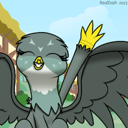 Size: 825x825 | Tagged: safe, artist:realdash, part of a set, gabby, griffon, g4, cute, explicit description, eyes closed, female, gabbybetes, pixel art, ponyville, sitting, smiling, solo, spread wings, waving, waving at you, wings