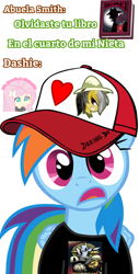 Size: 1080x2130 | Tagged: safe, artist:flutteryaylove, edit, rainbow dash, pegasus, pony, g4, book, cap, hat, meme, simple background, spanish, surprised, text, watermark, white background