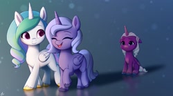 Size: 2000x1110 | Tagged: safe, artist:luminousdazzle, opaline arcana, princess celestia, princess luna, alicorn, pony, g4, g5, my little pony: make your mark, my little pony: make your mark chapter 4, sunny side up, spoiler:g5, spoiler:my little pony: make your mark, spoiler:my little pony: make your mark chapter 4, spoiler:mymc04e04, cewestia, cute, female, filly, filly celestia, filly luna, filly opaline arcana, floppy ears, foal, folded wings, mood contrast, opalinebetes, open mouth, open smile, rejection, royal sisters, sad, sadorable, scene interpretation, siblings, sisters, sitting, smiling, trio, unshorn fetlocks, walking, walking away, wings, woona, younger