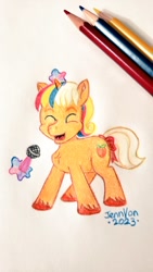 Size: 576x1024 | Tagged: safe, artist:vonpokemon, peach fizz, pony, unicorn, g5, colored pencil drawing, colored pencils, female, filly, foal, microphone, pippsqueaks, solo, traditional art