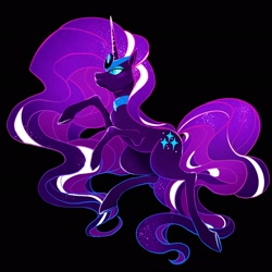 Size: 2048x2048 | Tagged: safe, artist:m0on13aby, nightmare rarity, pony, unicorn, g4, black background, crown, digital art, female, gem, high res, horn, jewelry, long horn, looking up, makeup, mare, necklace, regalia, simple background, solo, tail