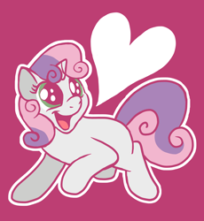 Size: 2912x3164 | Tagged: safe, artist:doodledonutart, sweetie belle, pony, unicorn, g4, atg 2023, blank flank, cute, diasweetes, female, filly, foal, heart, high res, newbie artist training grounds, open mouth, red background, simple background, solo
