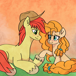 Size: 2000x2000 | Tagged: safe, artist:artevi, bright mac, pear butter, earth pony, pony, g4, atg 2023, blushing, duo, female, hat, high res, holding hooves, looking at each other, looking at someone, lying down, male, mare, newbie artist training grounds, prone, ship:brightbutter, shipping, sitting, stallion, straight