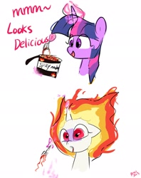 Size: 1620x2048 | Tagged: safe, artist:petaltwinkle, twilight sparkle, alicorn, pony, g4, bust, female, food, fork, herbivore, levitation, magic, mane of fire, mare, noodles, open mouth, open smile, rapidash twilight, signature, simple background, smiling, solo, spicy, telekinesis, twilight sparkle (alicorn), white background