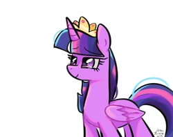Size: 1024x810 | Tagged: safe, artist:petaltwinkle, twilight sparkle, alicorn, pony, g4, crown, female, jewelry, mare, regalia, simple background, smiling, solo, teary eyes, twilight sparkle (alicorn), white background