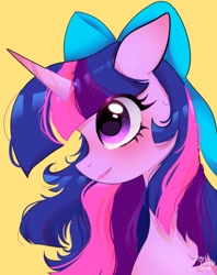 Size: 1620x2048 | Tagged: safe, artist:petaltwinkle, twilight sparkle, alicorn, pony, g4, blushing, bow, bust, cute, female, hair bow, mare, simple background, smiling, solo, twiabetes, twilight sparkle (alicorn), yellow background
