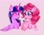 Size: 2048x1620 | Tagged: safe, artist:petaltwinkle, pinkie pie, twilight sparkle, alicorn, earth pony, pony, g4, blushing, candy, chest fluff, cute, diapinkes, duo, eyes closed, food, hoof hold, lollipop, open mouth, open smile, pink background, signature, simple background, smiling, sparkles, tongue out, twiabetes, twilight sparkle (alicorn)