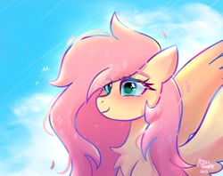 Size: 1024x810 | Tagged: safe, artist:petaltwinkle, fluttershy, pegasus, pony, g4, blushing, bust, chest fluff, ear blush, eye clipping through hair, female, mare, messy mane, sky, smiling, solo, sparkles, spread wings, wings