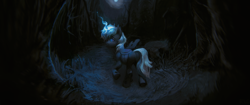 Size: 6880x2880 | Tagged: safe, artist:rvsd, oc, oc only, changeling, pony, changeling oc, dark, forest, looking at you, looking back, looking back at you, magic, male, moon, night, solo, stallion