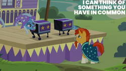 Size: 2000x1125 | Tagged: safe, edit, edited screencap, editor:quoterific, screencap, sunburst, trixie, pony, unicorn, g4, uncommon bond, box, box sawing trick, female, magic trick, male, mare, stage, stallion