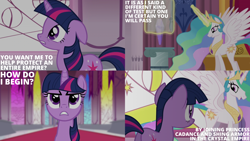 Size: 2000x1125 | Tagged: safe, edit, edited screencap, editor:quoterific, screencap, princess celestia, twilight sparkle, alicorn, pony, unicorn, g4, season 3, the crystal empire, butt, canterlot castle, canterlot castle interior, crown, crystal, duo, duo female, eye contact, female, floppy ears, frown, glass, glowing, glowing horn, grin, horn, implied princess cadance, implied shining armor, jewelry, looking at each other, looking at someone, magic, magic aura, mare, open mouth, open smile, peytral, plot, regalia, smiling, spread wings, teeth, telekinesis, twibutt, unicorn twilight, wings