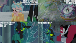 Size: 2000x1125 | Tagged: safe, edit, edited screencap, editor:quoterific, screencap, cozy glow, lord tirek, queen chrysalis, alicorn, centaur, changeling, changeling queen, pony, wendigo, taur, g4, the ending of the end, alicornified, clothes, coat, cold, cozycorn, race swap, shivering, ultimate chrysalis