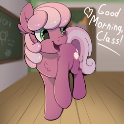 Size: 1000x1000 | Tagged: safe, artist:candy meow, cheerilee, earth pony, pony, g4, atg 2023, blurry background, chalkboard, cheek fluff, cheeribetes, chest fluff, classroom, cute, ear fluff, lesson, looking at someone, morning, newbie artist training grounds, ponyville schoolhouse, smiling, solo