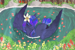 Size: 900x600 | Tagged: safe, artist:misucats, princess luna, alicorn, pony, g4, crepuscular rays, eyes closed, female, flower, flower in hair, mare, missing accessory, partially open wings, partially submerged, pond, solo, water, wings