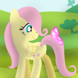 Size: 1400x1400 | Tagged: safe, artist:mlplary6, fluttershy, butterfly, insect, pegasus, pony, g4, animal, butterfly on tail, female, filly, filly fluttershy, foal, insect on someone, insect on tail, looking at something, looking back, smiling, solo, younger