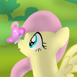 Size: 1400x1400 | Tagged: safe, artist:mlplary6, fluttershy, butterfly, insect, pegasus, pony, g4, animal, female, filly, filly fluttershy, foal, solo, younger