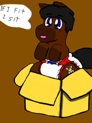 Size: 512x680 | Tagged: safe, artist:cavewolfphil, oc, oc only, earth pony, pony, big smile, box, brown background, diaper, diaper fetish, fetish, male, male oc, non-baby in diaper, pony in a box, simple background, solo, speech bubble, stallion