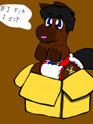 Size: 512x680 | Tagged: safe, artist:cavewolfphil, oc, oc only, oc:rocky roads, earth pony, pony, big smile, box, brown background, diaper, diaper fetish, fetish, if i fits i sits, male, male oc, non-baby in diaper, pony in a box, simple background, solo, speech bubble, stallion