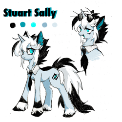 Size: 3480x3480 | Tagged: safe, artist:sally stuart, oc, oc only, oc:fallen ember(sally stuart), pony, unicorn, black and white mane, blue eyes, cutie mark, female, high res, horn, necktie, reference sheet, simple background, solo, sunglasses, unicorn oc, white background