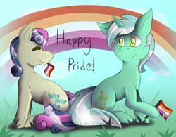 Size: 3796x2954 | Tagged: safe, artist:lil_vampirecj, artist:starcasteclipse, bon bon, lyra heartstrings, sweetie drops, earth pony, pony, unicorn, g4, collaboration, duo, female, fluffy, hair, high res, hooves, horn, lesbian, lesbian pride flag, mane, pride, pride flag, pride month, ship:lyrabon, shipping, tail, yellow eyes
