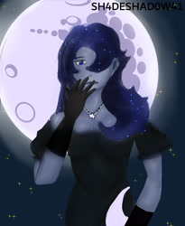Size: 3000x3650 | Tagged: safe, artist:sh4deshad0w41, princess luna, human, g4, black dress, clothes, dress, female, gloves, glowing, hand, hand on mouth, high res, humanized, jewelry, lipstick, looking at you, mare in the moon, moon, necklace, solo, stars