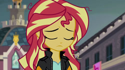 Size: 3072x1727 | Tagged: safe, screencap, sunset shimmer, human, equestria girls, g4, my little pony equestria girls: friendship games, canterlot high, clothes, eyes closed, female, frown, jacket, leather, leather jacket, solo
