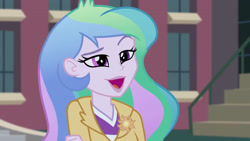 Size: 3072x1727 | Tagged: safe, screencap, princess celestia, principal celestia, human, equestria girls, g4, my little pony equestria girls: friendship games, canterlot high, crossed arms, eyebrows, female, open mouth, open smile, raised eyebrow, smiling, solo