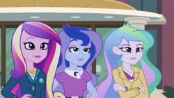 Size: 3072x1727 | Tagged: safe, screencap, dean cadance, princess cadance, princess celestia, princess luna, principal celestia, vice principal luna, human, equestria girls, g4, my little pony equestria girls: friendship games, canterlot high, clothes, crossed arms, cutie mark, cutie mark accessory, cutie mark on clothes, female, hand on hip, lidded eyes, royal sisters, sisters, smiling, smirk, trio, trio female