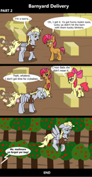 Size: 1920x3692 | Tagged: safe, artist:platinumdrop, apple bloom, babs seed, derpy hooves, earth pony, pegasus, pony, comic:barnyard delivery, g4, 3 panel comic, accident, angry, apologetic, apology, apple, apple tree, bag, barn, bully, bullying, clothes, comic, commission, crash, crying, delivery, dialogue, dirt, dirty, disheveled, ears back, envelope, farm, female, filly, floppy ears, flying, flying away, foal, folded wings, food, gritted teeth, hay, hay bale, mailmare, mailmare uniform, mare, messy, messy mane, muffin, open mouth, outdoors, running away, sad, sad pony, speech bubble, spread wings, sweet apple acres, talking, tears of sadness, teeth, tree, trio, trio female, uniform, wings, wings down, yelling