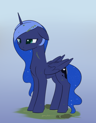 Size: 1620x2070 | Tagged: safe, artist:dusthiel, princess luna, alicorn, pony, g4, atg 2023, ethereal mane, ethereal tail, female, folded wings, gradient background, horn, mare, newbie artist training grounds, solo, tail, thyme, wings