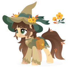 Size: 1024x971 | Tagged: safe, artist:kabuvee, oc, oc only, oc:primula, earth pony, pony, bag, braid, female, hat, mare, saddle bag, simple background, solo, transparent background, witch hat