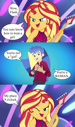 Size: 1920x3240 | Tagged: safe, edit, edited screencap, screencap, flash sentry, sunset shimmer, human, cheer you on, equestria girls, equestria girls series, g4, spring breakdown, spoiler:eqg series (season 2), 3 panel comic, bedroom eyes, comic, electric guitar, female, gentlemen, guitar, icon, invitation, lightning, male, musical instrument, one eye closed, ship:flashimmer, shipping, sign, speech bubble, straight, wink
