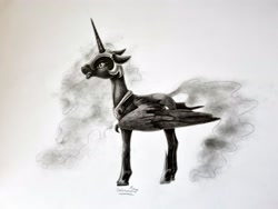 Size: 4032x3024 | Tagged: safe, artist:cahandariella, nightmare moon, alicorn, pony, g4, jewelry, monochrome, pencil drawing, solo, traditional art
