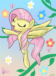 Size: 1701x2296 | Tagged: safe, artist:notadeliciouspotato, fluttershy, butterfly, pegasus, pony, g4, atg 2023, cute, daaaaaaaaaaaw, eyes closed, female, flower, gradient background, hooves out, mare, newbie artist training grounds, open mouth, open smile, shyabetes, signature, smiling, solo, spread hooves, spread wings, wings