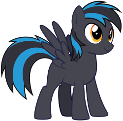 Size: 2247x2208 | Tagged: safe, artist:lightning stripe, derpibooru exclusive, oc, oc only, oc:iron (jwwt4), pegasus, pony, g4, black coat, black mane, black tail, blank flank, blue mane, blue tail, feminine stallion, high res, male, male oc, orange eyes, show accurate, simple background, solo, spread wings, tail, three quarter view, transparent background, two toned mane, two toned tail, vector, wings