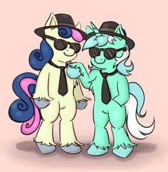 Size: 1950x2000 | Tagged: safe, artist:nedemai, bon bon, lyra heartstrings, sweetie drops, earth pony, pony, unicorn, g4, atg 2023, bipedal, blues brothers, duo, hat, necktie, newbie artist training grounds, pink background, simple background, smiling, standing, sunglasses, unshorn fetlocks