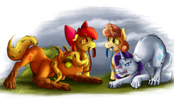 Size: 2500x1450 | Tagged: safe, artist:jamescorck, apple bloom, applejack, rarity, sweetie belle, cat, earth pony, hengstwolf, pony, timber pony, timber wolf, unicorn, werewolf, comic:that time of the month, g4, angry, apple bloom's bow, bow, collar, curious, cursed, dreamworks, duo, female, hair bow, hissing, how to train your dragon, leash, parody, raricat, species swap, timber wolfified, timberjack, transformation, unikitty, werecat