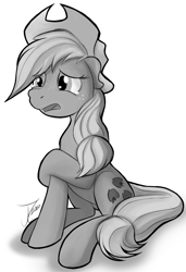 Size: 857x1250 | Tagged: safe, artist:jamescorck, applejack, earth pony, pony, g4, female, grayscale, mare, monochrome, sad, simple background, sitting, solo, white background