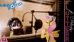 Size: 1280x720 | Tagged: safe, artist:hollowzero, artist:rina-chan, fluttershy, oc, oc:aoshi, earth pony, pegasus, pony, unicorn, balloon party, g4, 2013, absurd file size, animated, artifact, brony music, downloadable content, duo, female, headphones, kira buckland, link in description, lyrics in the description, mare, music, nostalgia, old art, rapping, recording studio, rina-chan, sound, video, waveform, webm, youtube, youtube link, youtube video