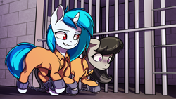 Size: 3840x2160 | Tagged: safe, artist:alexsc112, dj pon-3, octavia melody, vinyl scratch, earth pony, pony, unicorn, g4, clothes, commission, commissioner:rainbowdash69, cuffed, cuffs, duo, flustered, high res, horn, horn ring, jail, jail cell, jumpsuit, magic suppression, never doubt rainbowdash69's involvement, prison, prison outfit, prisoner, prisoner octavia, prisoner vinyl, ring, shackles, smiling, smirk