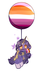 Size: 1300x1999 | Tagged: safe, artist:iamsmileo, oc, oc only, oc:urania, pony, unicorn, balloon, chibi, clothes, female, flag, horn, horn jewelry, jewelry, lesbian, lesbian pride flag, long mane, pride, pride flag, scarf, short tail, simple background, smiling, solo, tail, transparent background