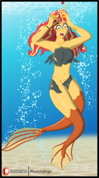 Size: 1250x2232 | Tagged: safe, artist:physicrodrigo, sunset shimmer, human, mermaid, two legged creature, series:equestria mermaids, equestria girls, g4, angler, bikini, breasts, bubble, clothes, crying, feet, fish tail, fluke, human to mermaid, magic, mermaidized, mid-transformation, ocean, reasonably sized breasts, sad, scales, screaming, species swap, story included, sunset's bikini, swimming, swimsuit, tail, tailfin, the little mermaid, thighs, toes, traditional art, transformation, two legged mermaid, underwater, waist, water