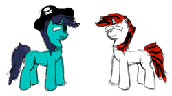 Size: 1411x791 | Tagged: safe, artist:mrbrain, oc, oc only, oc:blackjack, oc:captain thrush, oc:thrush, pony, unicorn, fallout equestria, fallout equestria: project horizons, blue mane, colored, hat, horn, laughing, looking at each other, looking at someone, pirate hat, simple background, sketch, smiling, smiling at each other, striped mane, turquoise coat, unicorn oc, white background, white coat